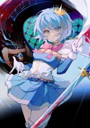Rule 34 | 1girl, blood, bloody weapon, blue eyes, blue hair, blue skirt, bow, bowtie, crown, fortissimo, gloves, hair ornament, hairclip, highres, hisakawa sora, looking at viewer, magical girl, mahou shoujo madoka magica, mahou shoujo madoka magica (anime), miki sayaka, musical note, musical note hair ornament, oktavia von seckendorff, open mouth, pink bow, pink bowtie, short hair, skirt, solo, sword, thighhighs, weapon, white gloves