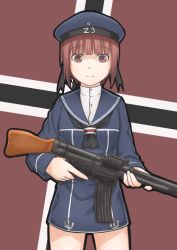Rule 34 | 10s, 1girl, assault rifle, beret, blush, brown eyes, brown hair, clothes writing, dress, gun, hat, highres, kantai collection, kriegsmarine, looking at viewer, personification, rifle, sailor collar, sailor dress, sailor hat, seatollead, short hair, solo, stg44, trigger discipline, weapon, wehrmacht, z3 max schultz (kancolle)