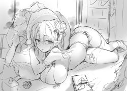 Rule 34 | 1girl, absurdres, breasts, daefny, garter belt, greyscale, highres, looking at viewer, lying, monochrome, on stomach, original, pointy ears, santa costume, sketch, solo, thighhighs