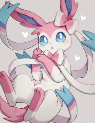 Rule 34 | blue eyes, bow, creatures (company), game freak, gen 6 pokemon, grey background, heart, highres, kaminokefusa, looking at viewer, nintendo, no humans, open mouth, pink fur, pokemon, sylveon, two-tone fur, white fur