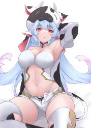 Rule 34 | 1girl, :o, absurdres, animal ears, animal print, arms behind head, blue hair, blunt bangs, breasts, catura (granblue fantasy), cleavage, commentary request, cow ears, cow hat, cow print, cow tail, draph, ear piercing, earrings, gradient hair, granblue fantasy, highres, jewelry, large breasts, looking at viewer, multicolored hair, na-code (gurich), navel, open fly, piercing, pink hair, red eyes, shorts, simple background, sitting, solo, stomach, tail, thighhighs, unbuttoned, white background, white shorts, white thighhighs