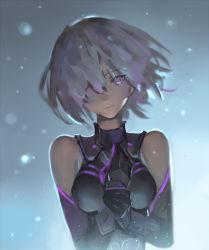 Rule 34 | 1girl, armor, armored dress, bad id, bad pixiv id, black gloves, closed mouth, elbow gloves, fate/grand order, fate (series), gloves, hair over one eye, hand on own chest, hei tong shi, light purple hair, light smile, looking at viewer, mash kyrielight, purple eyes, short hair, solo, upper body