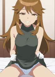 Rule 34 | 1girl, aji n, bare arms, breasts, brown eyes, brown hair, clothes lift, commentary request, creatures (company), dress, dress lift, eyelashes, game freak, gloves, green (pokemon), grey dress, grin, hair flaps, half-closed eyes, highres, indoors, lifted by self, long hair, looking at viewer, nintendo, panties, pokemon, pokemon adventures, sidelocks, sitting, sleeveless, sleeveless dress, smile, solo, teeth, underwear, white gloves, white panties