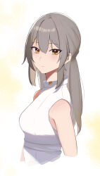 Rule 34 | 1girl, bare shoulders, closed mouth, cropped arms, cropped torso, from side, grey hair, hair between eyes, highres, honkai: star rail, honkai (series), ku roiko, long hair, looking at viewer, looking to the side, shirt, sidelocks, sleeveless, sleeveless shirt, solo, stelle (honkai: star rail), trailblazer (honkai: star rail), upper body, white shirt, yellow eyes
