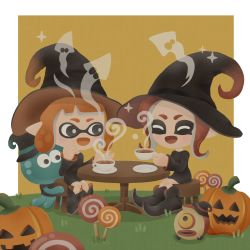 Rule 34 | 2girls, :d, ^ ^, black dress, black eyes, black footwear, black headwear, boots, candy, closed eyes, colored tongue, cup, dress, food, grass, halloween, hat, highres, holding, holding cup, inkling, inkling girl, inkling player character, jack-o&#039;-lantern, jellyfish (splatoon), lollipop, long hair, long sleeves, multiple girls, nintendo, no lineart, no nose, octoball, octoling, octoling girl, octoling player character, open mouth, orange hair, orange tongue, plate, pointy ears, pumpkin, red hair, short hair, sitting, smile, sparkle, splatoon (series), sprikasan, steam, stool, swirl lollipop, table, tea, teacup, witch hat
