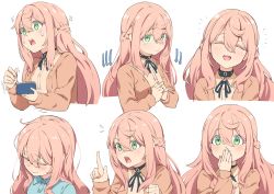 Rule 34 | 1girl, arrow (symbol), blush, braid, closed eyes, closed mouth, covering own mouth, expressionless, facing viewer, green eyes, hair between eyes, hand over own mouth, highres, index finger raised, long hair, looking at viewer, looking away, nippon ichi no koukousei majutsushi isekai dorei shoujo wo morau, novel illustration, nyum, official art, open mouth, pink hair, sweat, teeth, upper teeth only, very long hair