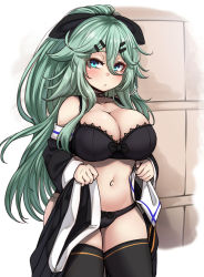Rule 34 | 1girl, belt buckle, black bra, black panties, black ribbon, black thighhighs, blue eyes, blush, bow, bow bra, bow panties, bra, breasts, buckle, cameltoe, choker, cleavage, commentary request, cowboy shot, detached sleeves, green hair, hair between eyes, hair flaps, hair ornament, hair ribbon, hairclip, half-closed eyes, highres, kantai collection, konoshige (ryuun), lace, lace-trimmed bra, lace trim, large breasts, lifted by self, long hair, looking at viewer, navel, panties, parted bangs, ponytail, ribbon, sidelocks, skindentation, skirt, unworn skirt, solo, standing, thighhighs, thighs, underwear, underwear only, undressing, yamakaze (kancolle)