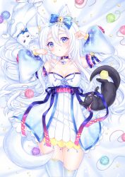 Rule 34 | 1girl, animal, animal ears, bad id, bad pixiv id, bare shoulders, bed sheet, bell, black cat, blue bow, blue eyes, blush, bow, breasts, cat, cat ears, cat girl, cat tail, chestnut mouth, choker, commentary request, detached sleeves, dress, glint, hair bell, hair between eyes, hair bow, hair ornament, hands up, highres, jingle bell, long hair, long sleeves, lying, medium breasts, nami (nyaa), on back, original, parted lips, puffy long sleeves, puffy sleeves, purple choker, skindentation, snowflake print, snowflakes, solo, star (symbol), tail, thighhighs, very long hair, white cat, white dress, white hair, white sleeves, white thighhighs, yarn, yarn ball