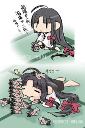 Rule 34 | 1girl, ahoge, aircraft, airplane, artist name, black hair, black skirt, bow, chibi, commentary request, full body, hakama, hakama short skirt, hakama skirt, highres, imperial japanese navy, inaba shiki, japanese clothes, kantai collection, long hair, low-tied long hair, lying, multiple views, on stomach, red bow, shouhou (kancolle), sitting, skirt, tatami, wariza