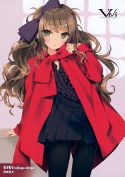 Rule 34 | 1girl, absurdres, arm support, artist name, black bow, black dress, black pantyhose, blush, bow, braid, brown hair, coat, dress, english text, hair bow, highres, long hair, open clothes, open coat, open mouth, original, pantyhose, pleated skirt, red coat, skirt, sleeves past wrists, solo, standing, tsurusaki takahiro, wavy hair, yellow eyes