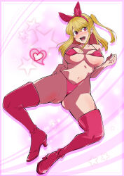 1girl :d alternate_costume animal_ears ass bikini blonde_hair blush boots cat_ears collarbone coriponz covered_erect_nipples fake_animal_ears gradient_background grey_background heart high_heels highres hoshino_ruby legs_apart long_hair navel open_mouth oshi_no_ko pink_bikini pink_eyes pink_footwear smile solo star_(symbol) stomach swimsuit teeth thigh_boots tongue