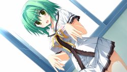 Rule 34 | 1girl, blush, bra, breasts, fortissimo//akkord:bsusvier, game cg, green hair, large breasts, legs, looking at viewer, ooba kagerou, open mouth, see-through, short hair, skirt, solo, standing, thighs, underwear, wet, wet clothes, yellow eyes