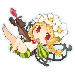 Rule 34 | 1girl, blonde hair, bow (weapon), braid, chibi, crossbow, fairy, female focus, flower, full body, hair flower, hair ornament, mercedes (odin sphere), mota, odin sphere, open mouth, plant, pointy ears, puff and slash sleeves, puffy shorts, puffy sleeves, red eyes, shorts, simple background, solo, twin braids, weapon, white background, wings