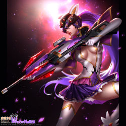 Rule 34 | 1girl, alternate costume, black neckwear, breasts, capelet, center opening, character name, choker, cleavage, elbow gloves, gloves, gun, head-mounted display, holding, holding gun, holding weapon, large breasts, league of legends, liang xing, long hair, magical girl, mahou shoujo madoka magica, mahou shoujo madoka magica (anime), overwatch, overwatch 1, patreon username, ponytail, purple hair, rifle, skirt, solo, star (sky), star (symbol), starry background, thighhighs, watermark, weapon, web address, white gloves, white thighhighs, widowmaker (overwatch), yellow eyes