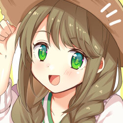 Rule 34 | 1girl, :d, braid, brown hair, cardigan, green eyes, hair over shoulder, hand on headwear, hat, iriam, light blush, long hair, looking at viewer, notice lines, open mouth, portrait, samaru hio, simple background, smile, solo, straw hat, swept bangs, takase kou, twin braids, v-neck, virtual youtuber, white background, white cardigan, yellow background