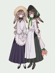 Rule 34 | 2girls, absurdres, animal ears, black footwear, bonnet, brown hair, brown tail, flower, green hat, grey eyes, hat, highres, holding, limo nine, long sleeves, multiple girls, original, own hands together, rabbit ears, rabbit girl, rabbit tail, simple background, tail