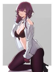 Rule 34 | 1girl, absurdres, bare shoulders, black bra, bra, breasts, cleavage, clothing cutout, commentary, distr, gloves, hand up, highres, honkai: star rail, honkai (series), kafka (honkai: star rail), large breasts, long hair, open clothes, open shirt, purple eyes, purple gloves, purple hair, shirt, shoulder cutout, solo, underwear, white shirt