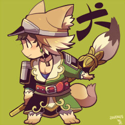 Rule 34 | 1boy, animal ear headwear, animal ears, animal feet, animal hands, belt, brown hair, calligraphy brush, chibi, chibi only, chinese clothes, closed mouth, dated, dog ears, dog tail, eyelashes, facial hair, fake animal ears, full body, goatee stubble, green background, kotorai, looking to the side, ma dai, male focus, oversized object, paintbrush, pectoral cleavage, pectorals, red belt, shin sangoku musou, short hair, signature, solo, standing, stubble, studded belt, tail, translation request