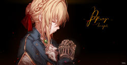 Rule 34 | 1girl, absurdres, bad id, bad pixiv id, black background, blue jacket, braid, brooch, closed eyes, closed mouth, hair between eyes, hair intakes, hair ribbon, highres, interlocked fingers, jacket, jewelry, long hair, mechanical hands, mono (nisemono), own hands together, portrait, prosthesis, prosthetic hand, red ribbon, ribbon, sidelocks, single mechanical hand, violet evergarden, violet evergarden (series), white neckwear