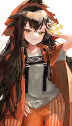 Rule 34 | 1girl, arknights, brown hair, collarbone, commentary, cowboy shot, cube, feather hair, hand on own hip, hand up, highres, hood, hood up, ichika (ichika87), jacket, jacket on shoulders, kafka (arknights), long hair, looking at viewer, orange jacket, orange pants, pants, prison clothes, rubik&#039;s cube, shirt, simple background, smile, solo, white background, white shirt, yellow eyes