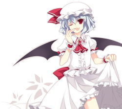 Rule 34 | 1girl, bat wings, blue hair, clothes lift, fang, female focus, finger to mouth, hat, one eye closed, red eyes, remilia scarlet, short hair, skirt, skirt lift, solo, takase kanan, touhou, white background, wings, wink