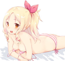 Rule 34 | 10s, 1girl, alternate costume, alternate hairstyle, ass, bikini, blonde hair, bow, breasts, brown eyes, butt crack, cleavage, drill hair, eromanga sensei, hair bow, hairband, highres, long hair, looking at viewer, lying, manatsuki manata, medium breasts, on stomach, open mouth, pointy ears, red bow, side-tie bikini bottom, solo, striped bikini, striped clothes, swimsuit, the pose, twin drills, untied bikini, yamada elf