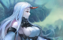 Rule 34 | 10s, 1girl, abyssal ship, bare shoulders, breasts, detached sleeves, horns, kantai collection, large breasts, long hair, pale skin, personification, red eyes, seaport princess, sideboob, single horn, solo, te (tenmoom), white hair