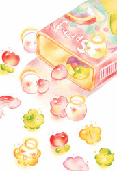 Rule 34 | absurdres, barcode, blush, box, bug, butterfly, candy, cloud, clover, colored pencil (medium), commentary request, flower, food, food focus, ghost, halo, heart, highres, holding, holding candy, holding food, insect, no humans, original, rainbow, simple background, traditional media, white background, yukichi 0611