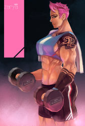 Rule 34 | 1girl, abs, absurdres, bike shorts, breasts, dumbbell, exercising, female focus, from side, highres, looking at viewer, mothman (the m0thman), muscular, muscular female, nose, overwatch, overwatch 1, pink hair, short hair, shorts, sideboob, solo, sports bra, sweat, tattoo, toned, very short hair, weights, zarya (overwatch)