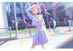 Rule 34 | 1girl, arm behind back, blue eyes, blue shirt, blue skirt, bow, chouzetsusaikawa tenshi-chan, contrapposto, dutch angle, feet out of frame, gradient hair, halo, highres, holographic clothing, iridescent, kafkasea, large bow, light rays, long sleeves, looking at viewer, medium skirt, midriff peek, multicolored hair, needy girl overdose, open mouth, outdoors, pleated skirt, quad tails, road, sailor collar, salute, scenery, school uniform, shirt, sidelocks, skirt, smile, street, sunlight