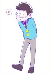 Rule 34 | 10s, 1boy, arms behind back, blue border, border, bowl cut, brown hair, dokkoi shoo, formal, heart, looking to the side, male focus, matsuno osomatsu, osomatsu-kun, osomatsu-san, osomatsu (series), simple background, smile, solo, spoken heart, suit, white background