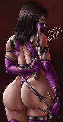 Rule 34 | 1girl, arm behind back, ass, assassin, back, backless, backless leotard, butt crack, dany rooke, dual wielding, elbow gloves, from behind, gloves, highres, holding, holding weapon, huge ass, leotard, looking back, mask, mileena (mortal kombat), mortal kombat (series), ninja, purple elbow gloves, purple leotard, purple mask, solo, standing, thighhighs, thong, thong leotard, weapon