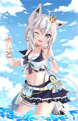 Rule 34 | 1girl, absurdres, ahoge, animal ear fluff, animal ears, blue nails, blush, braid, breasts, cloud, cloudy sky, commentary, crown, day, fox ears, fox girl, fox tail, green eyes, hair between eyes, highres, hololive, hololive summer 2023 swimsuit, long hair, looking at viewer, mini crown, navel, nick wong, ocean, one eye closed, open mouth, outdoors, shirakami fubuki, sidelocks, single braid, sky, small breasts, solo, tail, virtual youtuber, wading, white hair