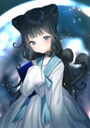 Rule 34 | 1girl, animal ears, bad id, bad pixiv id, black hair, blue background, blue eyes, blunt bangs, book, hugging book, cat ears, cat girl, cat tail, cone hair bun, double bun, dress, fang, fang out, hair between eyes, hair bun, highres, holding, holding book, long dress, long hair, looking at viewer, mia (miaflocon), multiple tails, nekomata, hugging object, original, sleeves past wrists, star (symbol), starry background, tail, upper body, wavy mouth, white dress