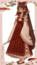 Rule 34 | 1girl, ascot, blush, bow, brown eyes, brown hair, detached sleeves, fish, frilled bow, frilled hair tubes, frills, gohei, hair bow, hair tubes, hakurei reimu, highres, k0nfette, lily pad, long hair, long skirt, long sleeves, mary janes, red bow, red footwear, red skirt, ribbon-trimmed sleeves, ribbon trim, shoes, skirt, skirt set, touhou, very long hair, wide sleeves