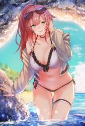 Rule 34 | 1girl, arm support, beach, bikini, breasts, brown hair, cave, choker, cleavage, commentary request, cropped jacket, eyewear on head, front-tie bikini top, front-tie top, girls&#039; frontline, green eyes, hair between eyes, halterneck, high ponytail, highres, large breasts, navel, ocean, off shoulder, official alternate costume, r93 (girls&#039; frontline), r93 (holiday lucky star) (girls&#039; frontline), rock, sand, shore, side-tie bikini bottom, sidelocks, skindentation, standing, sunglasses, swimsuit, thigh strap, thighs, tinted eyewear, tobimura, water, white bikini