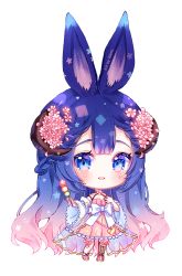 Rule 34 | 1girl, :d, animal ears, asymmetrical legwear, bad id, bad pixiv id, big head, blue eyes, blue hair, blush, bow, breasts, brown thighhighs, chibi, commentary, commission, curled horns, dango, dress, flower, food, full body, gradient hair, hair flower, hair ornament, hands up, holding, holding food, horns, long hair, long sleeves, looking at viewer, multicolored hair, nami (nyaa), open mouth, original, pink dress, pink flower, pink footwear, pink hair, pleated dress, rabbit ears, sanshoku dango, see-through, shoes, simple background, single thighhigh, small breasts, smile, solo, standing, striped clothes, striped footwear, striped thighhighs, thighhighs, uneven legwear, vertical-striped clothes, vertical-striped thighhighs, very long hair, wagashi, white background, white bow, wide sleeves