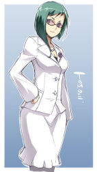 Rule 34 | 00s, 1girl, asymmetrical hair, boutonniere, business suit, face, flower, formal, glasses, hand on own hip, jacket, jewelry, kyo (kuroichigo), miniskirt, my-otome, my-otome zwei, necklace, pantyhose, pearl necklace, pencil skirt, pink-tinted eyewear, rose, skirt, skirt suit, solo, suit, tinted eyewear, tomoe marguerite, white suit