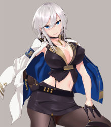 Rule 34 | 1girl, azur lane, belt, black choker, black gloves, blue eyes, breasts, choker, cleavage, closed mouth, commentary request, contrapposto, cowboy shot, cross, cross necklace, earrings, gloves, hair between eyes, half gloves, highres, jacket, jacket over shoulder, unworn jacket, jewelry, large breasts, latin cross, looking at viewer, midriff, mole, mole under eye, navel, necklace, pantyhose, revision, short hair, silver hair, simple background, smile, solo, washington (azur lane), zubi (skylinezb)