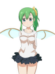 Rule 34 | 1girl, alternate costume, arms behind back, black skirt, blue eyes, cato (monocatienus), check commentary, collarbone, commentary request, contemporary, cowboy shot, daiyousei, fairy wings, frilled skirt, frills, green hair, hair ribbon, light smile, looking at viewer, miniskirt, ribbon, side ponytail, sidelocks, simple background, skirt, solo, spaghetti strap, thigh gap, touhou, white background, wings