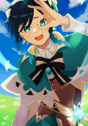Rule 34 | 1boy, androgynous, beret, black hair, blue hair, blurry, blurry background, blush, bow, braid, brooch, cape, cloud, cloudy sky, collared cape, collared shirt, commentary request, corset, day, falling leaves, field, flower, frilled sleeves, frills, gem, genshin impact, gradient hair, green cape, green eyes, green hat, hat, hat flower, highres, himemiya-y, jewelry, leaf, long sleeves, looking at viewer, male focus, multicolored hair, ok sign, open mouth, outdoors, shirt, short hair with long locks, side braids, sidelocks, sky, smile, solo, twin braids, venti (genshin impact), vision (genshin impact), white flower, white shirt, wind