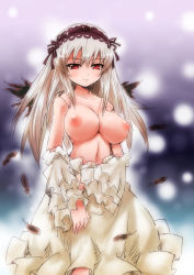 Rule 34 | 00s, 1girl, blush, breasts, doll joints, joints, large breasts, long hair, nipples, red eyes, rozen maiden, silver hair, sketch, solo, suigintou, topless, tousen