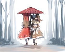 Rule 34 | 2girls, apron, black dress, black headwear, blonde hair, bow, brown hair, commentary request, dress, forest, from behind, full body, hakurei reimu, hat, hat bow, holding, holding umbrella, kirisame marisa, long hair, long sleeves, multiple girls, nature, oil-paper umbrella, outdoors, petticoat, piyokichi, red bow, red skirt, red umbrella, shadow, shoes, skirt, skirt set, socks, touhou, tree, umbrella, waist apron, walking, white apron, white bow, white legwear, witch hat