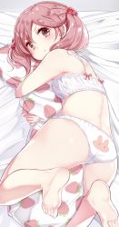 Rule 34 | 10s, 1girl, animal print, barefoot, bed sheet, blush, bow, bow bra, bra, breasts, rabbit print, food print, hair bobbles, hair ornament, hamaken. (novelize), kantai collection, lying, hugging object, panties, pillow, pillow hug, pink hair, print panties, print pillow, rabbit panties, rabbit print, sazanami (kancolle), small breasts, solo, strawberry print, two side up, underwear, underwear only, white bra, white panties