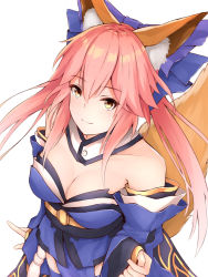 Rule 34 | 1girl, animal ear fluff, animal ears, bare shoulders, blue kimono, blue legwear, blue ribbon, breasts, cleavage, collarbone, commentary, commentary request, detached sleeves, fate/extra, fate/grand order, fate (series), fox ears, fox girl, fox tail, hair ribbon, japanese clothes, kimono, large breasts, light smile, looking at viewer, looking up, pink hair, ribbon, simple background, solo, tail, tamamo (fate), tamamo no mae (fate/extra), white background, yellow eyes