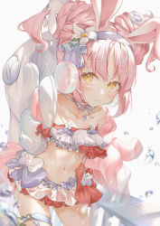 Rule 34 | 1girl, absurdres, animal ears, bare shoulders, bikini, blush, collarbone, double bun, female focus, flat chest, flower, frilled bikini, frills, hair bun, hairband, highres, huge filesize, long hair, looking at viewer, mimi (princess connect!), navel, parted lips, pink hair, pola (1021), princess connect!, rabbit ears, solo, stomach, swimsuit, thigh strap, white background, yellow eyes
