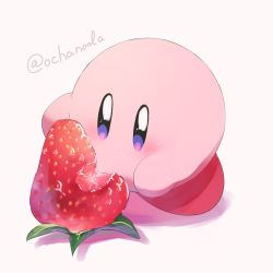 Rule 34 | blush, dot mouth, food, food bite, food focus, fruit, highres, holding, kirby, kirby (series), leaf, multicolored eyes, nintendo, ochanoda, simple background, strawberry, white background
