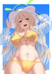 Rule 34 | 1girl, bead bracelet, beads, bikini, blue archive, blue background, bracelet, breasts, brown hair, collarbone, commentary request, covered erect nipples, green eyes, green halo, halo, hat, highres, jewelry, kawajuu, large breasts, long hair, looking at viewer, multicolored hair, navel, nonomi (blue archive), nonomi (swimsuit) (blue archive), official alternate costume, open mouth, side-tie bikini bottom, solo, swimsuit, teeth, thighs, two-tone background, two-tone hair, upper teeth only, white background, white hat, yellow bikini