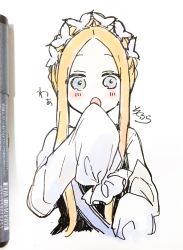 Rule 34 | 1girl, :o, abigail williams (fate), abigail williams (festival outfit) (fate), art tools in frame, black dress, blonde hair, blue eyes, blush, braid, butterfly hair ornament, commentary request, cropped torso, dress, fate/grand order, fate (series), forehead, hair ornament, hand up, heroic spirit chaldea park outfit, highres, long hair, long sleeves, official alternate costume, open mouth, parted bangs, photo (medium), shirt, signature, simple background, sleeveless, sleeveless dress, sleeves past fingers, sleeves past wrists, sofra, solo, traditional media, upper body, very long hair, white background, white shirt
