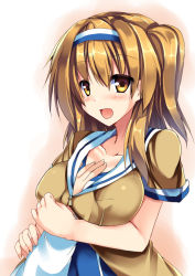 Rule 34 | 10s, 1girl, arm grab, between breasts, breasts, brown eyes, hairband, i-26 (kancolle), kantai collection, large breasts, light brown hair, long hair, looking at viewer, new school swimsuit, open clothes, open mouth, ryokushiki (midori-ya), sailor collar, school swimsuit, short sleeves, smile, solo focus, swimsuit, swimsuit under clothes, two-tone hairband, two side up